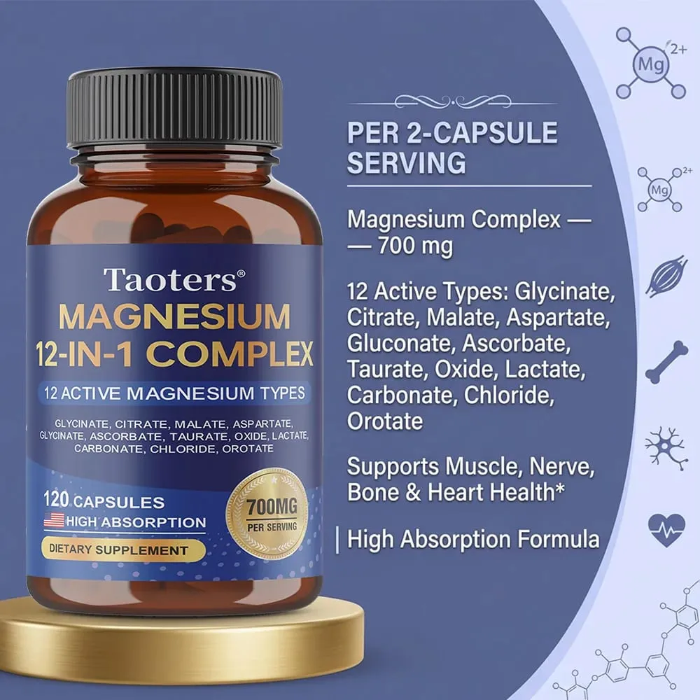 Magnesium 12-in-1 complex supplement – ​​700 mg hoge absorptieglycinaatcitraatmalaat en tauraatmengsel voor spierzenuwslaap