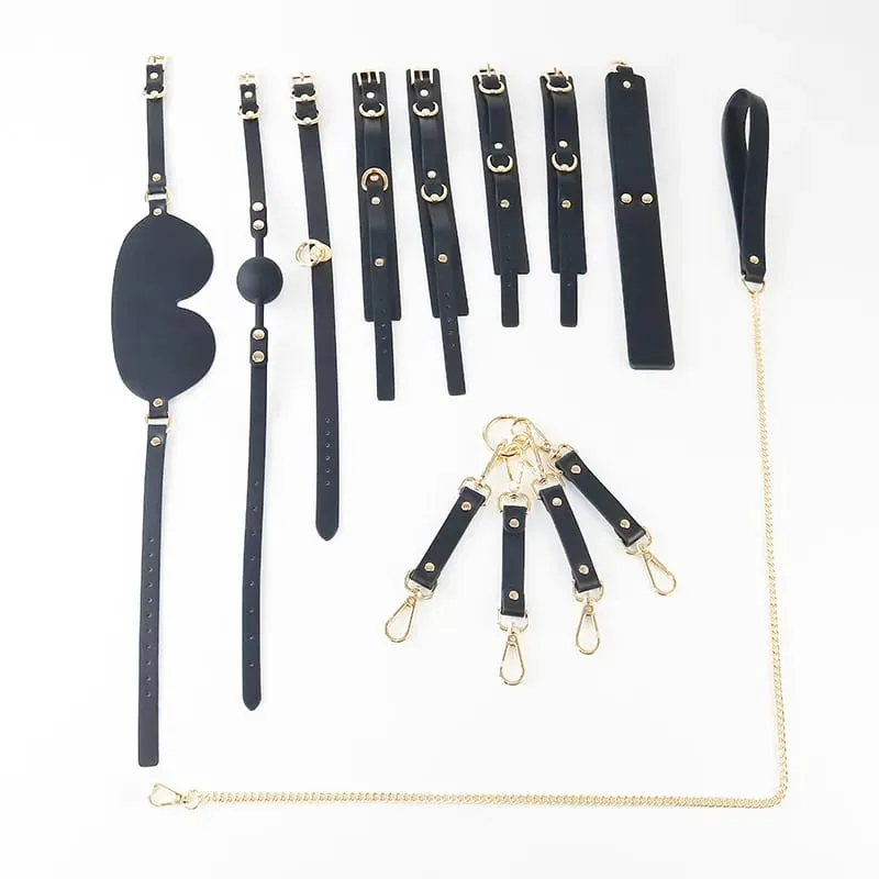 Genuine leather 8-piece prop set bondage blindfold choker genuine leather couple adult sex toys SM alternative toys.Dom Sub