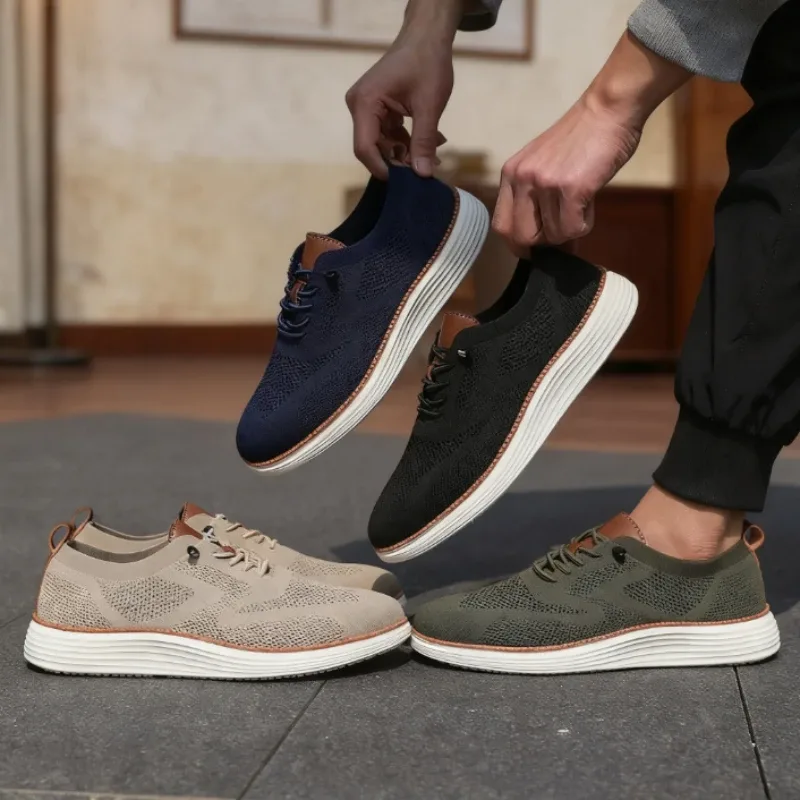 Sepatu Jalan Kasual Pria Sepatu Rajut Jaring Bersirkulasi Sepatu Lari Pria Terlaris Sepatu Lari Bertali Datar Anti-selip Ringan Pria