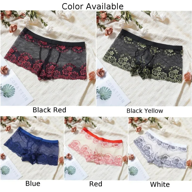 Men Lace Jacquard Mesh Boxer Shorts Underwear Hollow Temptation Exotic Trunks Silk Soft Quick Dry Breathable Sexy Panties