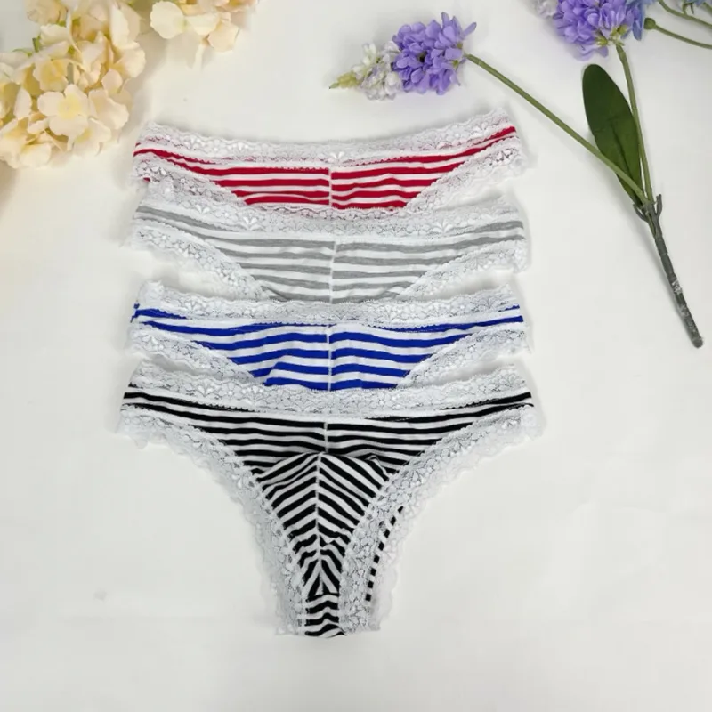 Men Lace Trim Striped G-string Underwear Half-covered Butt Low-rise Pantie Thong Half Hip Men Briefs Mens Sexy Underwear