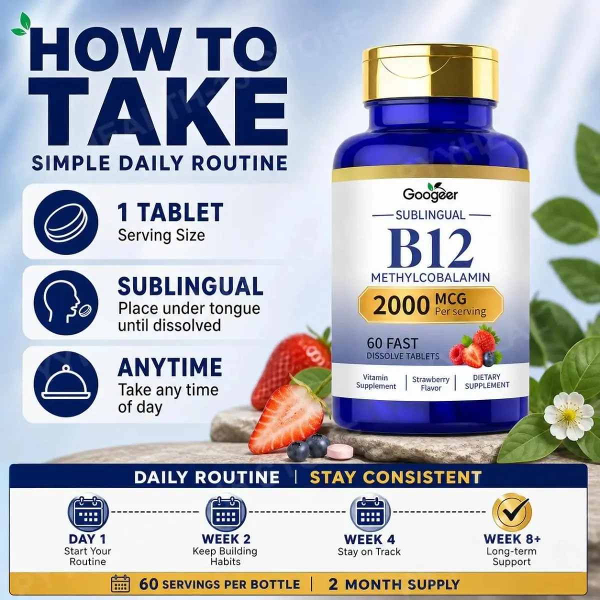 Googeer B12 Methylcobalamin Υπογλώσσια Ταμπλέτες Γρήγορης Διάλυσης με Άρωμα Φράουλα για Καθημερινή Υποστήριξη Άνεσης Σώματος 60 ταμπλέτες