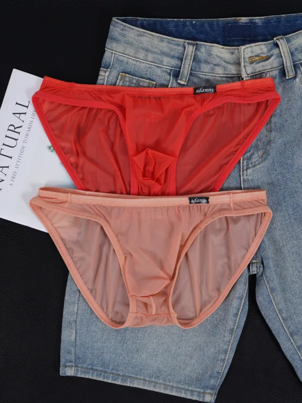 3 PCS Men's Ice Silk Cool U Convex Pouch Mesh Sheer Sexy Briefs Slim Thin Waistband Body Shaping Multicolor Underwear