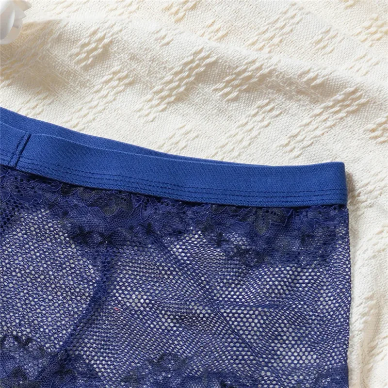 Men Lace Jacquard Mesh Boxer Shorts Underwear Hollow Temptation Exotic Trunks Silk Soft Quick Dry Breathable Sexy Panties