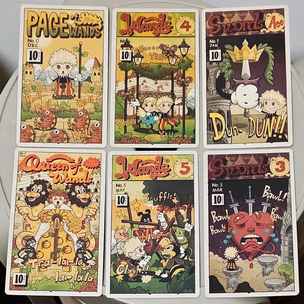 Dupla dombornyomott, 12*7 cm-es vintage gumitömlős Tarot pakli merev dobozban 78 régi rajzfilmes művészeti tarotkártya