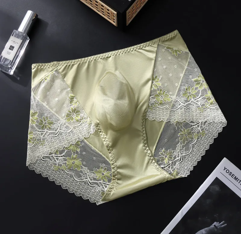 Satin Ice Silk Briefs Mens Lace 3D U Pouch Underwear Sexy Floral Man Panties Breathable Low Waist Shorts Convex Pouch Underpants