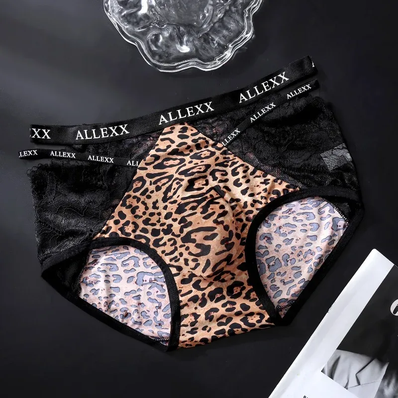 Women Panties for Men Sexy Lace Hollow Waist Briefs Breathable U Convex Pouch Underpant Soft Lace Ice Silk Splicing Underwear