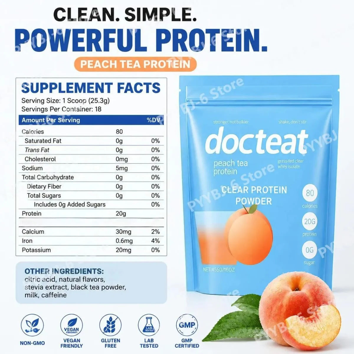 Docteat Peach Tea Clear Protein Powder 455g Whey Isolate & Stevia 20g Protein Low Fat 0g Sugar Fitness Workout Support Recovery