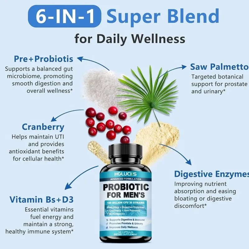 Advanced Men's Probiotic Supplement 100B CFU Prebiotic Fiber Enzymes Saw Palmetto Cranberry για την ευεξία των ούρων του προστάτη