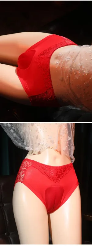 Sissy Panties Sexy Men Camel Toe Underwear Lace See Through Lingerie Transvestit Crossdressing Fake Vagina Artificial Briefs