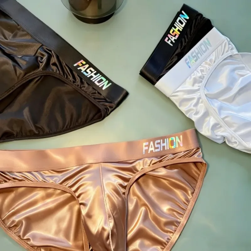Underwear Men's Triangle Panties Low Waist Ultra Smooth Satin Silky Briefs Lingerie Gradient Letter Glossy Underpants Daily Wear