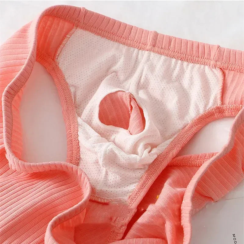 Men's Ribbed Cotton Separate Pouch Briefs Breathable Low Rise Soft Stretch Underwear Panties 1PC