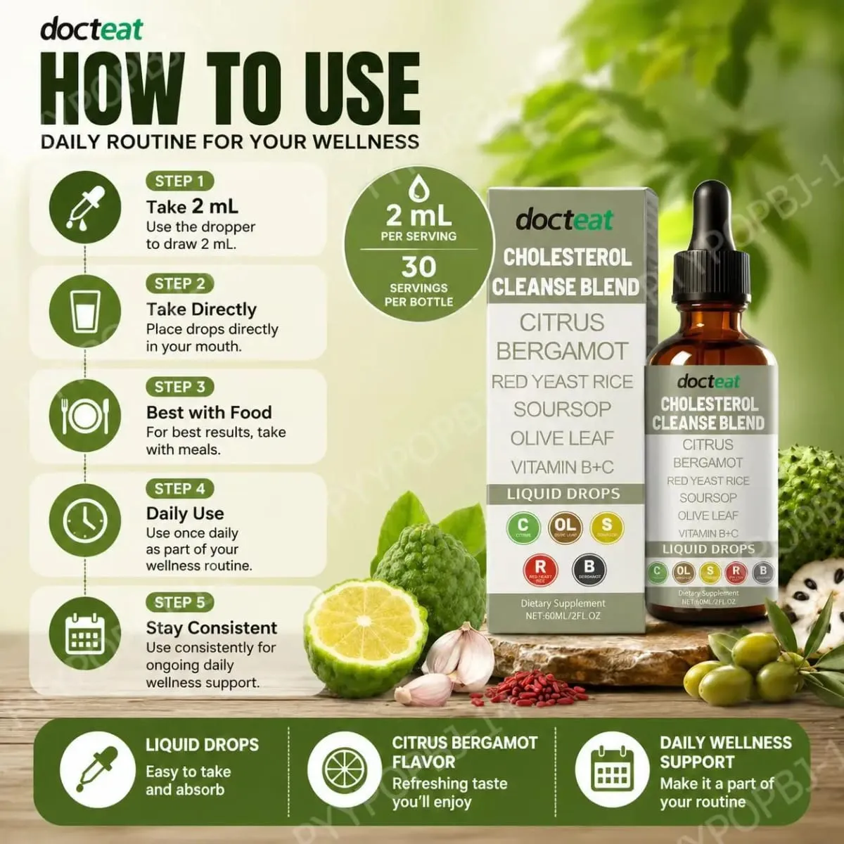 Docteat Cholesterol Cleanse Liquid Drops Citrus Bergamot Υποστηρίζει τη μεταβολική ισορροπία με βιταμίνη C και B2 Dropper 60 ML