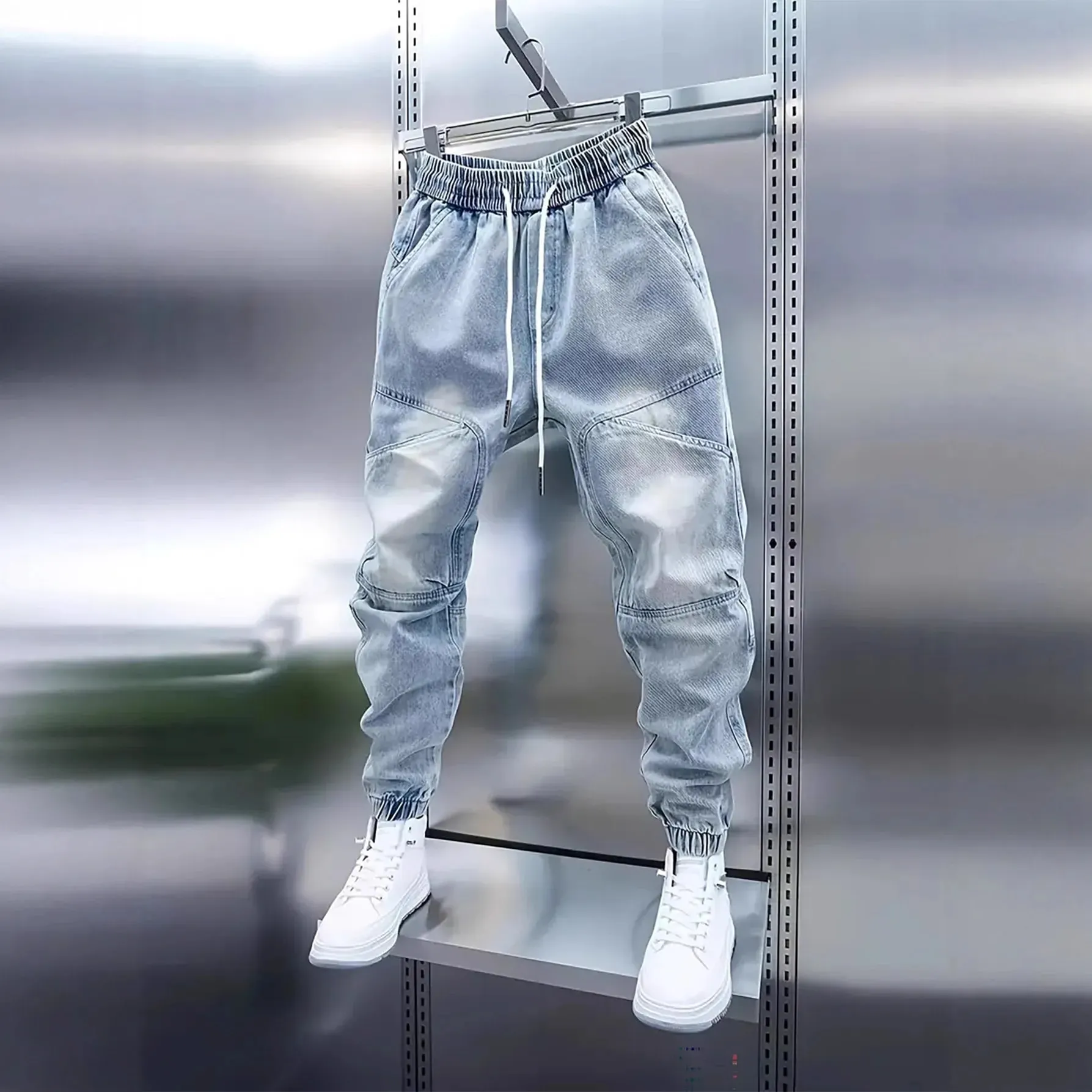 Férfi új húzózsinóros derékrész világoskék mandzsettás baggy farmer