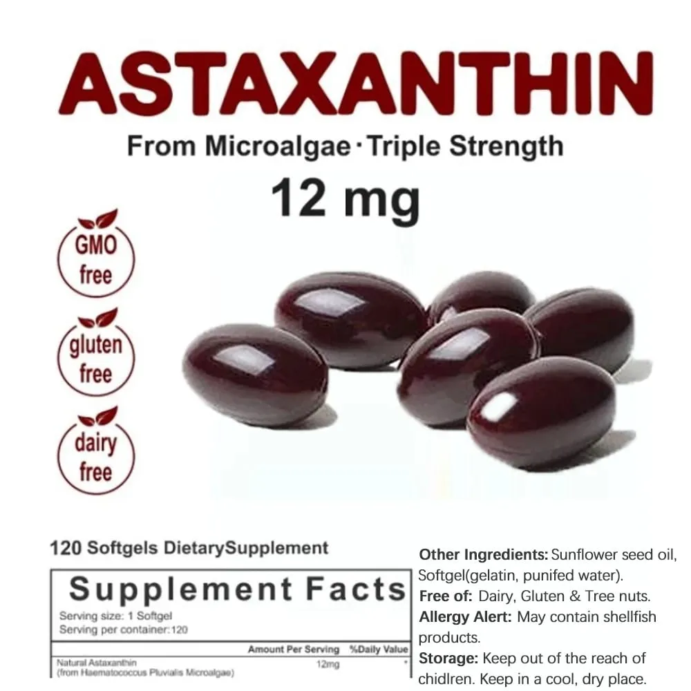 Triple Strength Astaxanthin 12mg - Natural Astaxanthin Antioxidant Supplement Non-GMO Verified & Gluten - 120 Softgels