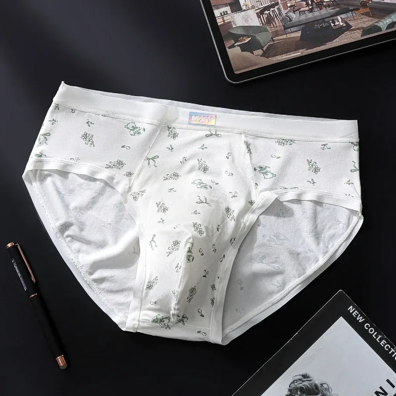 Men Sexy Briefs Sissy Lingerie Ice Silk Floral Print Panties U Convex Pouch Underwear Thin Daily Underpants Calzoncillos Hombre
