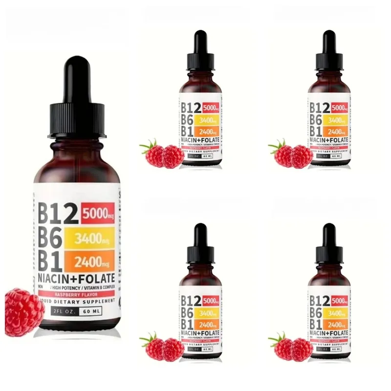 Vitamin B12 Liquid Drops 60ml Raspberry Flavor with Vitamin B6+B1 Etc Multivitamin Support Energy Recovery & Brain Heart Health