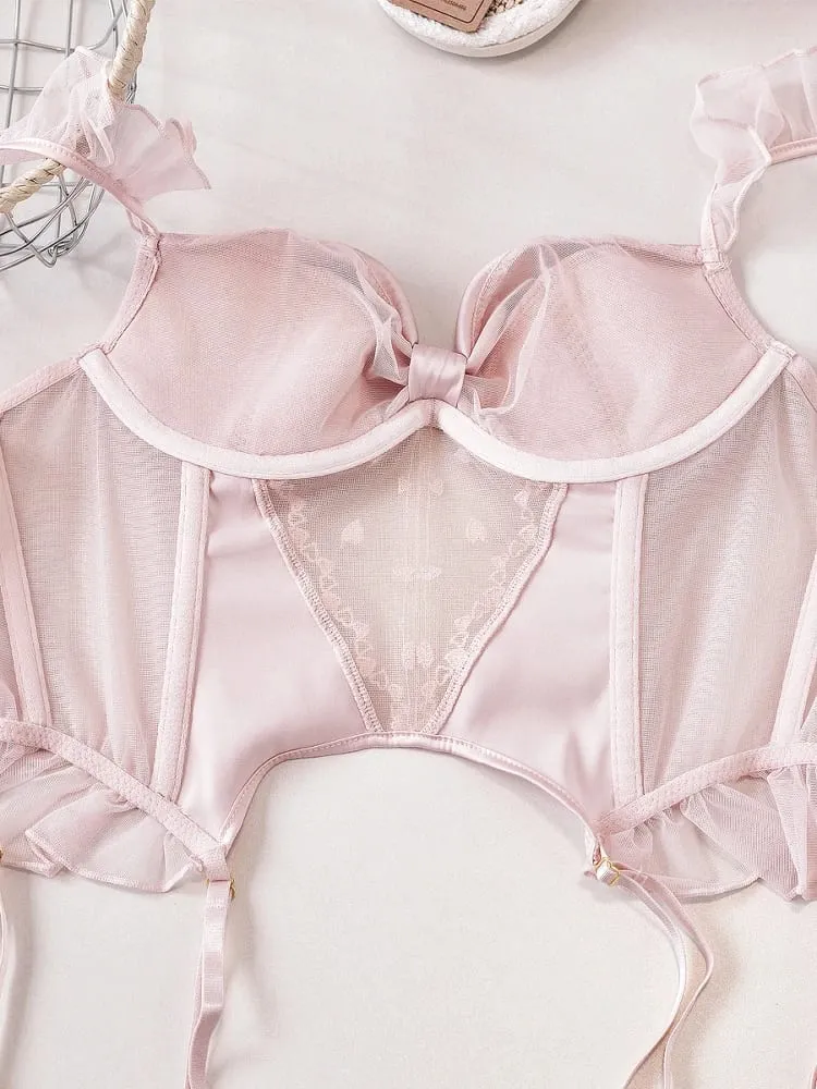 Ροζ με μαξιλαράκι στήθους Fishbone Corset Εσώρουχα Σετ Γυναικείο Σουτιέν με διπλό λουράκι σταθερά με σώβρακο