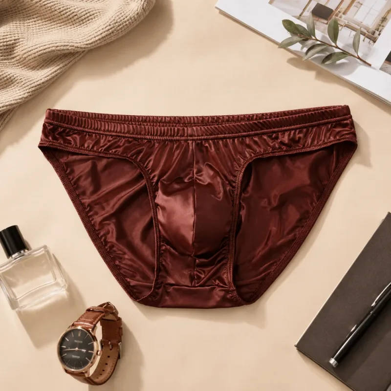Cool Smooth Men's Underwear Low Waist Bulge Pouch Ice Silk Briefs Lingerie Breathable Satin Silk Panties Daily Routine