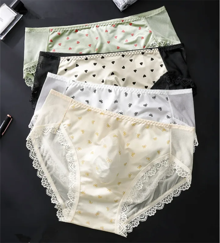 Soft men's underwear bow print lace calzoncillos hombre 3D space adults 18 plus size cueca nude feeling sissy cuecas masculino