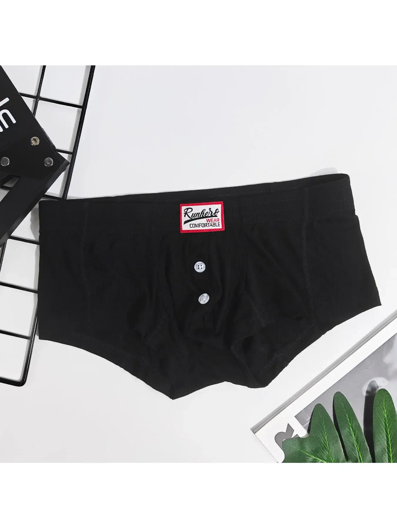 Men's Flat Underwear, Made of Synthetic Viscose, High Elasticity, Raised, Button Decoration, Comfortable Slim Fit Solid Color