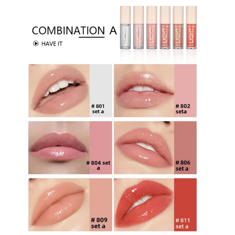 6 PCS Lipgloss Set Liquid Lip Stain Makeup for women Non Stick Cup Mirror Light Lip Glosses Long lasting Lip Gloss Kit Cosmetics