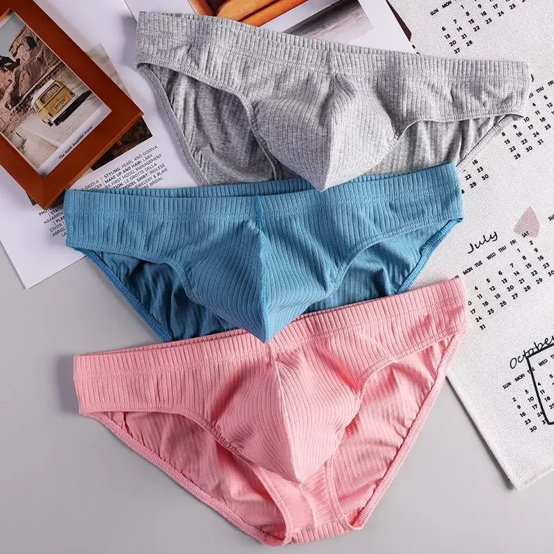Men's Sexy Brief Ribbed Cotton Breathable Comfortable Sweat Absorption Sports Underwear Youth Low Waist U Convex Pouch Underpant