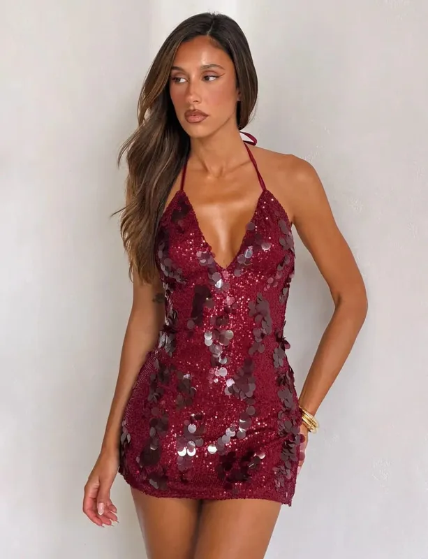 Γυναικεία Solid Sequin Μίνι Φόρεμα Halter Neck Deep V Neck Bodycon Αμάνικα Sparkly Vestidos Formal Club Party Cocktail Dresses Νέο