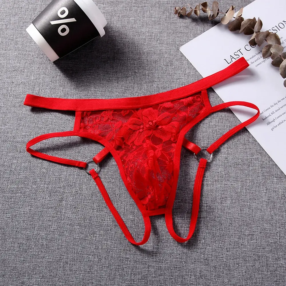 Sexy Underwear Men's G-Strings Exotic Lingerie Panties Sheer Lace Pouch Hollow Out Lace Flower Pattern Adjustable Waistband