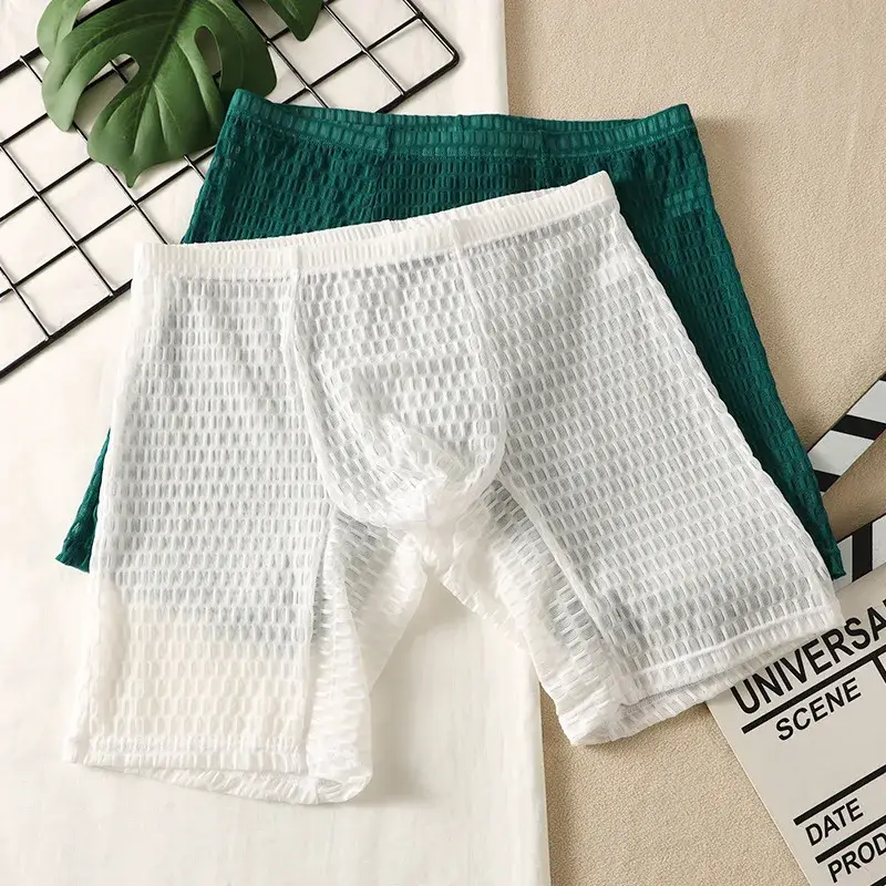 Men's Waffle Texture Boxy Underwear Extended Boxer Briefs Mid Rise Sheer Mesh Flirtatious Casual Athletic Sports Trunks Knickers