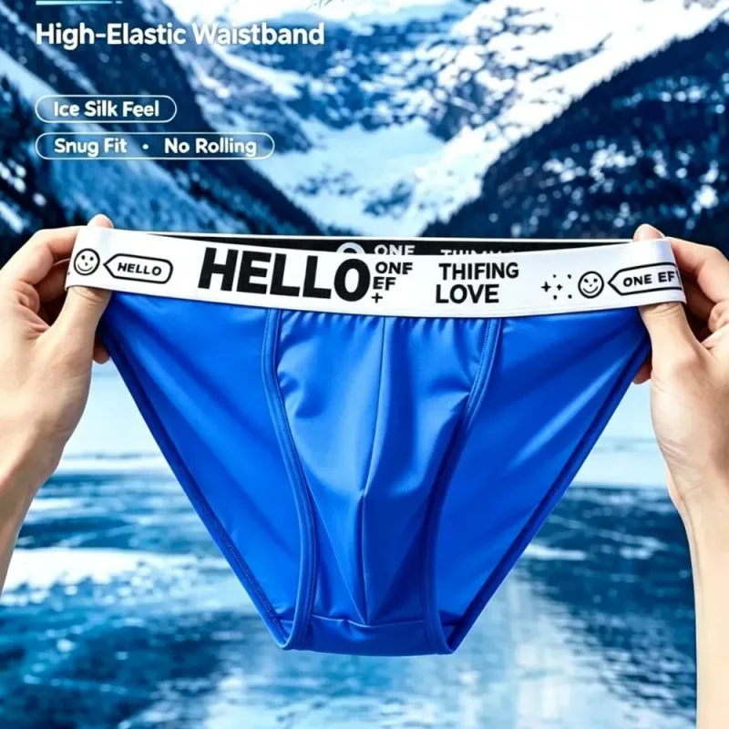 Men Trendy Ice Silk Bikini Briefs Hello Letter Print Moisture Wicking Breathable Athletic Underwear Stylish Cooling Underpants