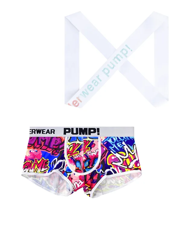 Men's 2-Piece Graffiti Print Boxer Brief & Shoulder Strap Set - "WEAR PUMP!" Logo, Comfort Breathable Athletic Underwear