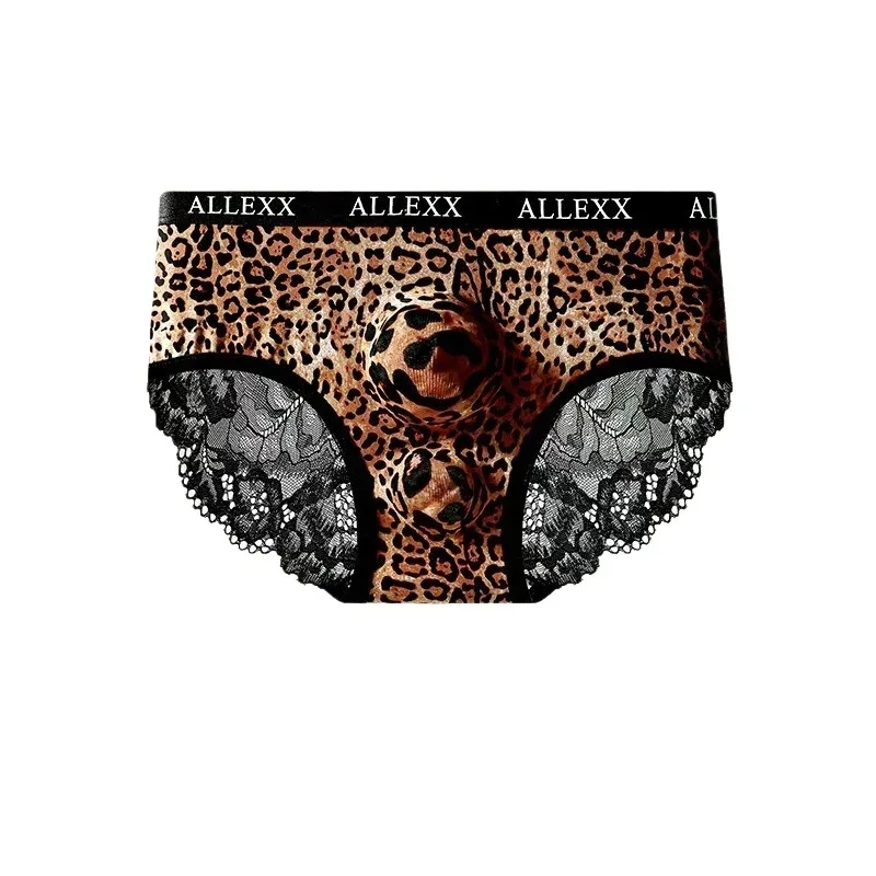 Men's Sexy Briefs Sheer Lace Ice Silk Panties Leopard Printed Letter Sissy Lingerie Bullet Separation Pouch Ultra-Thin Underwear