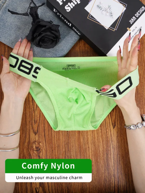 Men's Nylon Blend Mesh Breathable Briefs Horn Splice Letter Embossed Wide Elastic Waistband Fluorescent Color Sexy Underwear