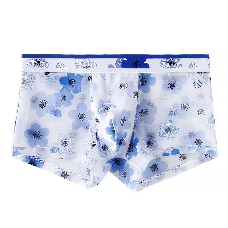 Men's Mesh Boxer Briefs Floral Print Ice Silk Underwear Ultra-Thin Transparent Breathable Soft High Stretch Quick-Dry Panties