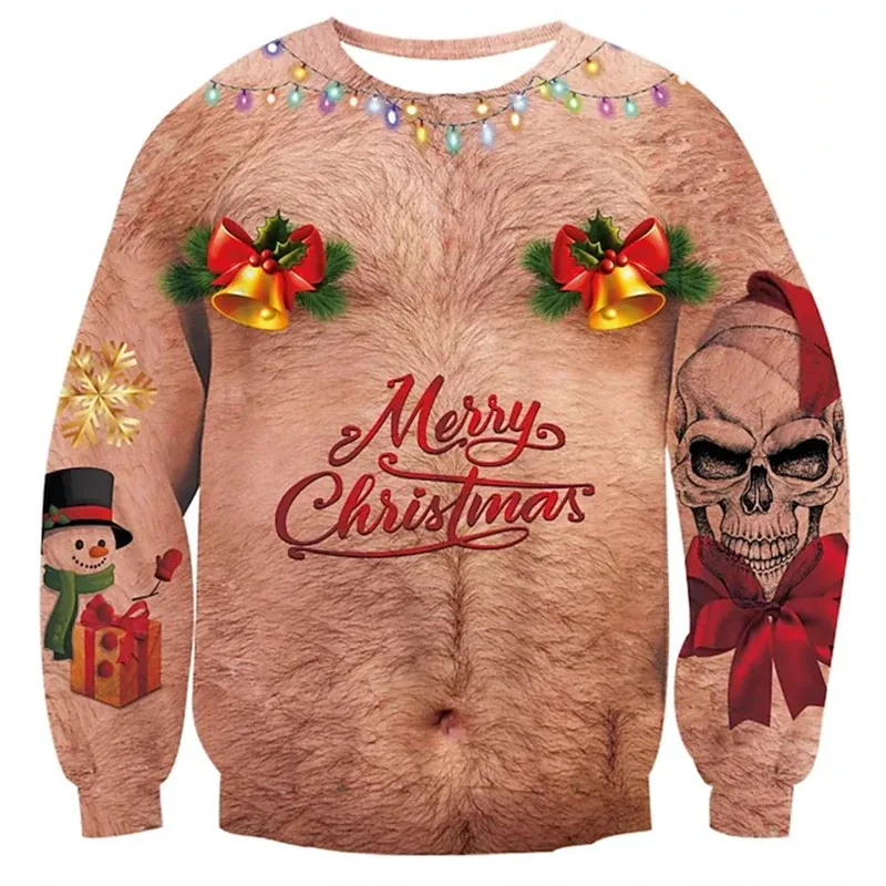 Pull de noël moche pour hommes, impression 3D drôle, motif musculaire, nouvelle mode, Costume de Cosplay de fête, cadeau de noël