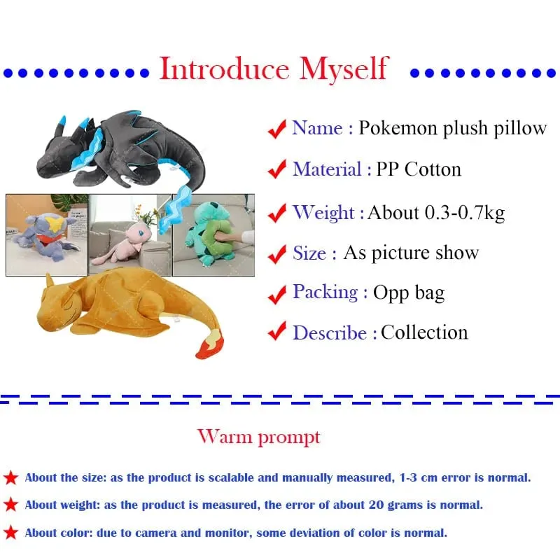 Hot Sale Pokemon Mega Charizard X Sleeping Plush Pillow Series Cute Garchomp Mew Umbreon Cubone Sofa Cushion Stuffed Peluche Toy