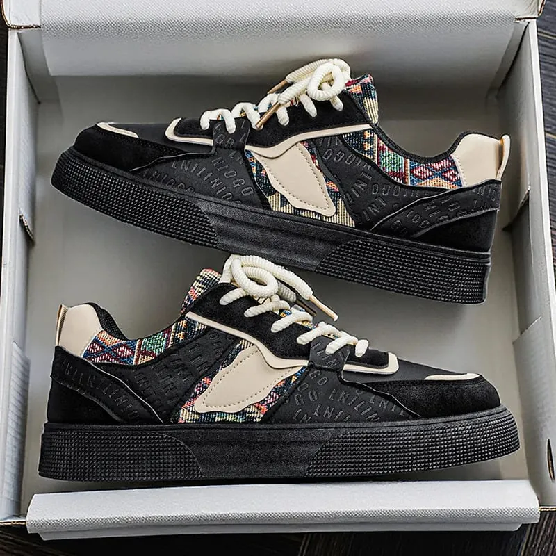 Férfi Vintage Patchwork Platform tornacipők – Etnikai törzsi mintás, alacsony szárú, szabadidős cipők Retro divatos sétacipők férfiaknak