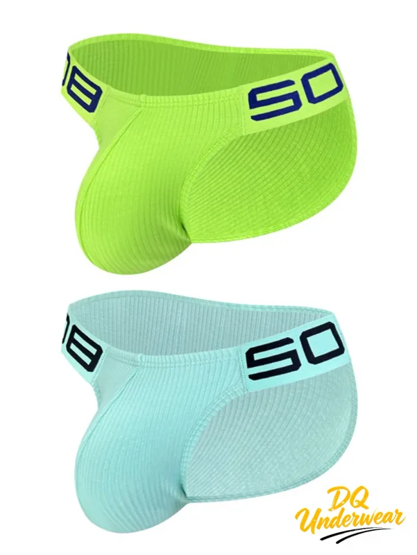 2PCS Ribbed Texture Male Triangle Underwear Letter Elastic Waist U Convex Pouch Briefs BS813