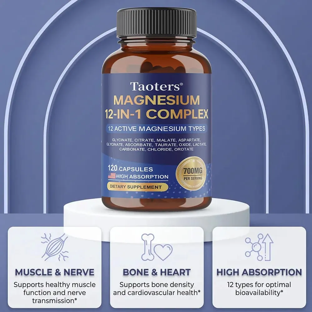Magnesium 12-in-1 complex supplement – ​​700 mg hoge absorptieglycinaatcitraatmalaat en tauraatmengsel voor spierzenuwslaap