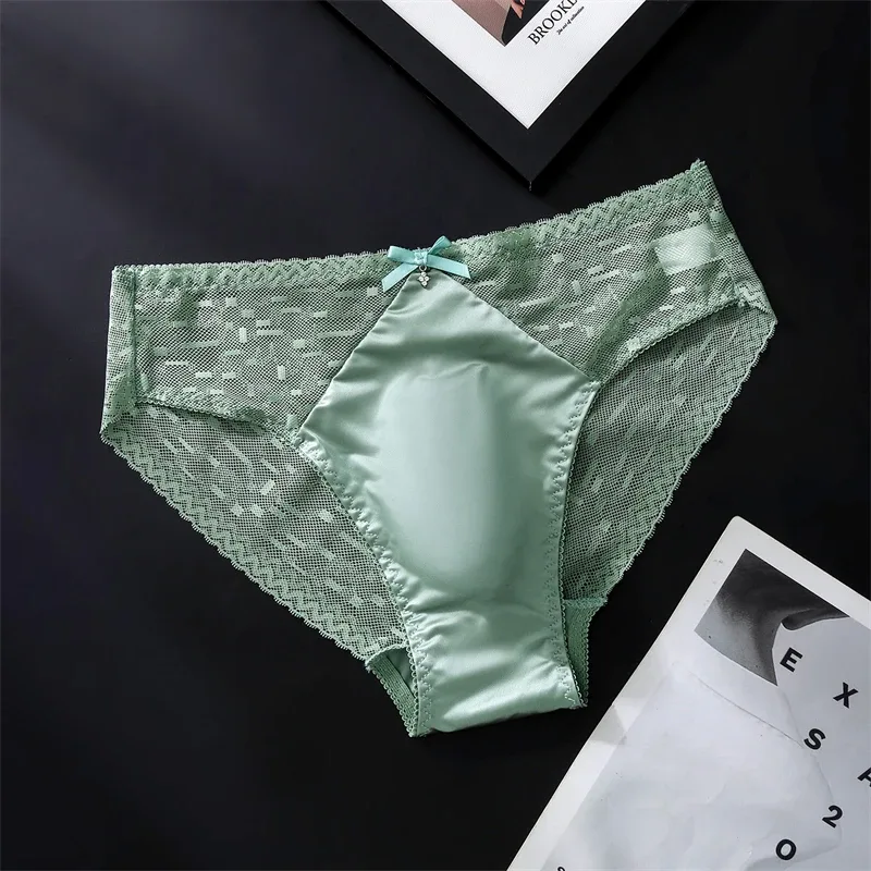 Sexy men's underwear Mesh lace cueca satin splicing sissy cuecas masculino naked feel calzoncillos hombre adults 18 plus size