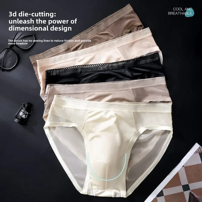 Male Glossy Silk Satin Briefs High Rise Lace Trim Ice Silk Underwear Soft Breathable U Pouch Men Panties