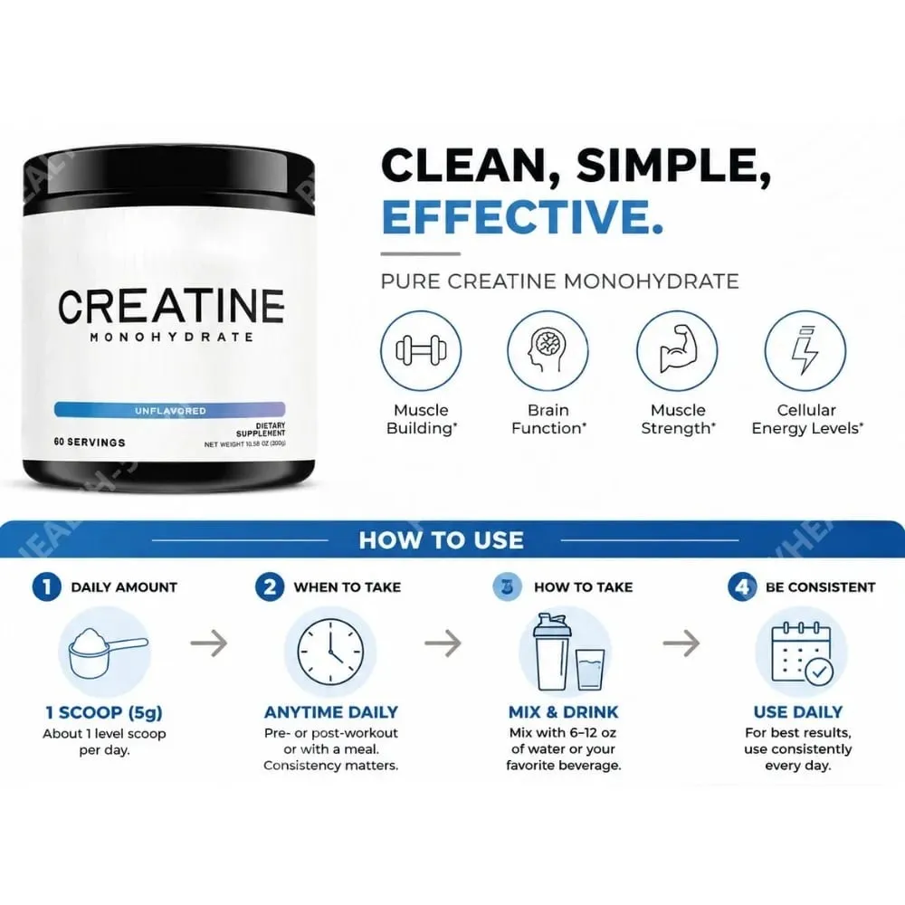 Creatine Monohydrate Powder 5000mg 60 Servings Unflavored Daily Fitness Support Supplement Vegan Gluten Free 300g