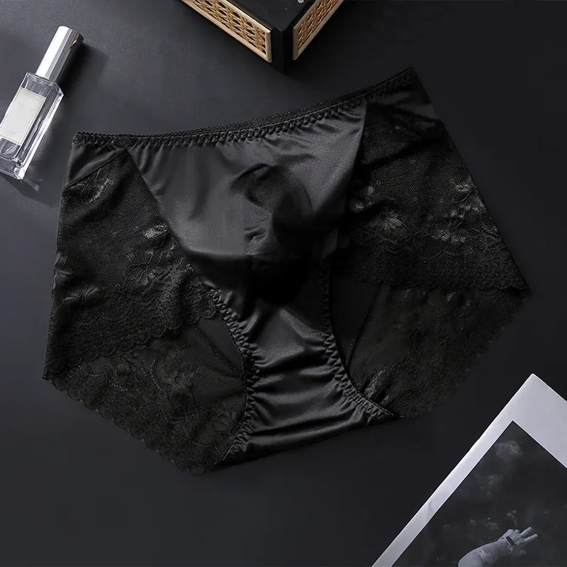 Men Satin Ice Silk Triangle Underwear 3D Pouch Low‑Waist Briefs Side Lace Breathable Soft Sexy Male Plus Size Intimate Shorts