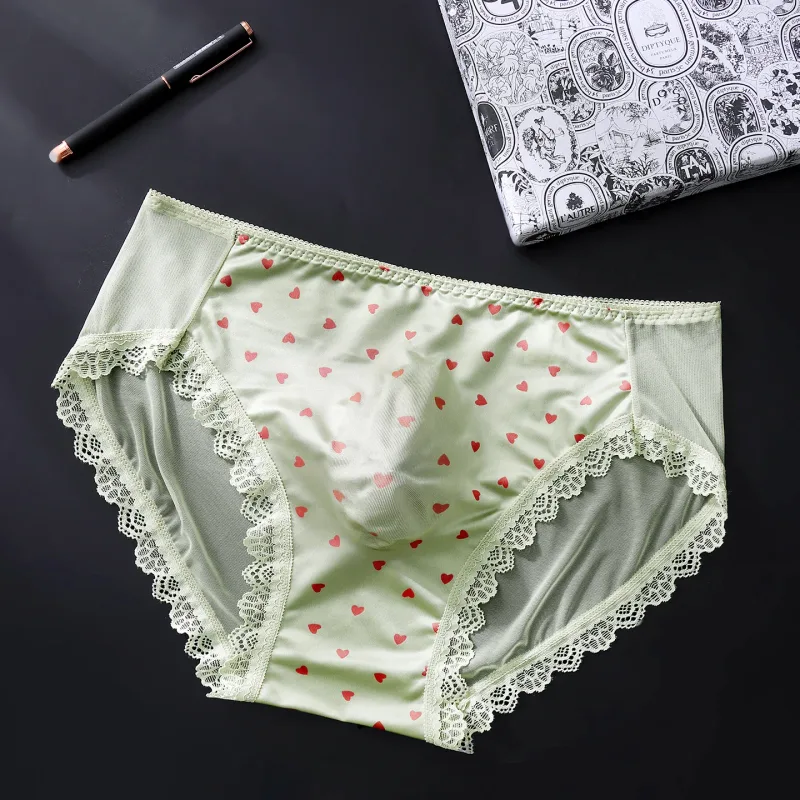 Large Size Mens Sissy Satin Panties Sexy Scalloped Lace Sheer Briefs Glossy Lingerie Mid Rise Lace Bow U Convex Pouch Underpant