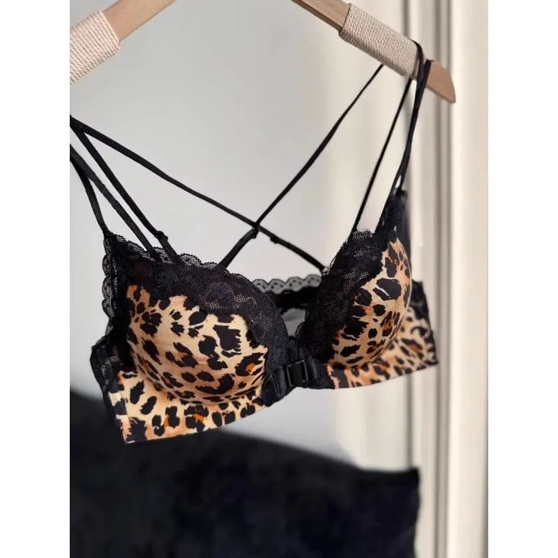 Leopárdmintás elülső gombos melltartó szett Push Up vékony női, hát nélküli szexi fehérnemű bulizáshoz, mellszobor, S-XL