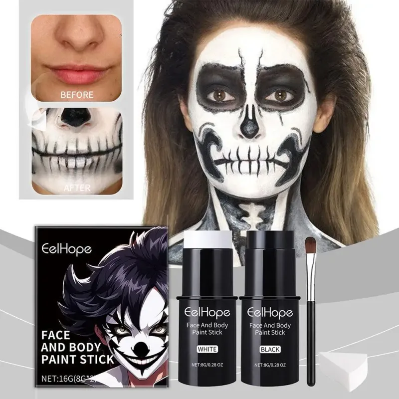 Μαύρο λευκό Face Body Paint Kit Cover Foundation Μακράς διάρκειας Αδιάβροχο Halloween Skeleton Cosplay Body Makeup Tool 2026