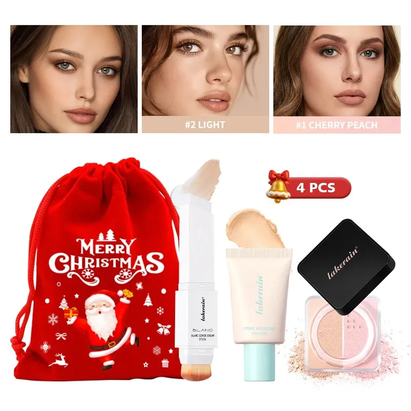 4 τμχ Σετ Μακιγιάζ Προσώπου Foundation Stick Pore No More Primer Loose Setting Powder Μεγάλης διάρκειας Ματ Μακιγιάζ για αρχάριους Χριστουγεννιάτικο δώρο