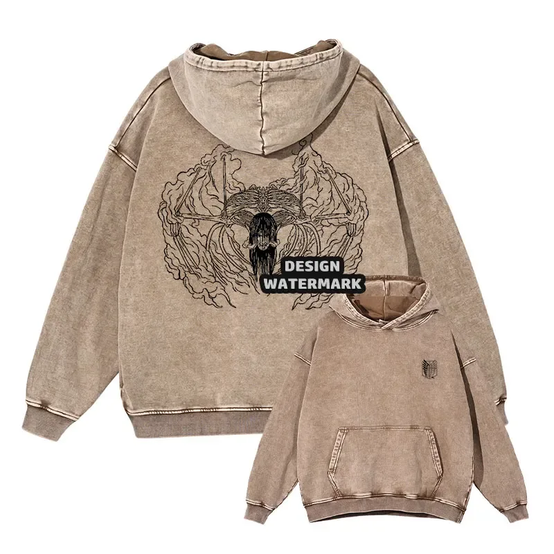 Anime Levi Hoodies Vintage Washed A-Attack on Titan Hoodie Casual Manga Yeager Eren Hooded Sweatshirts Titan Attack Pullover