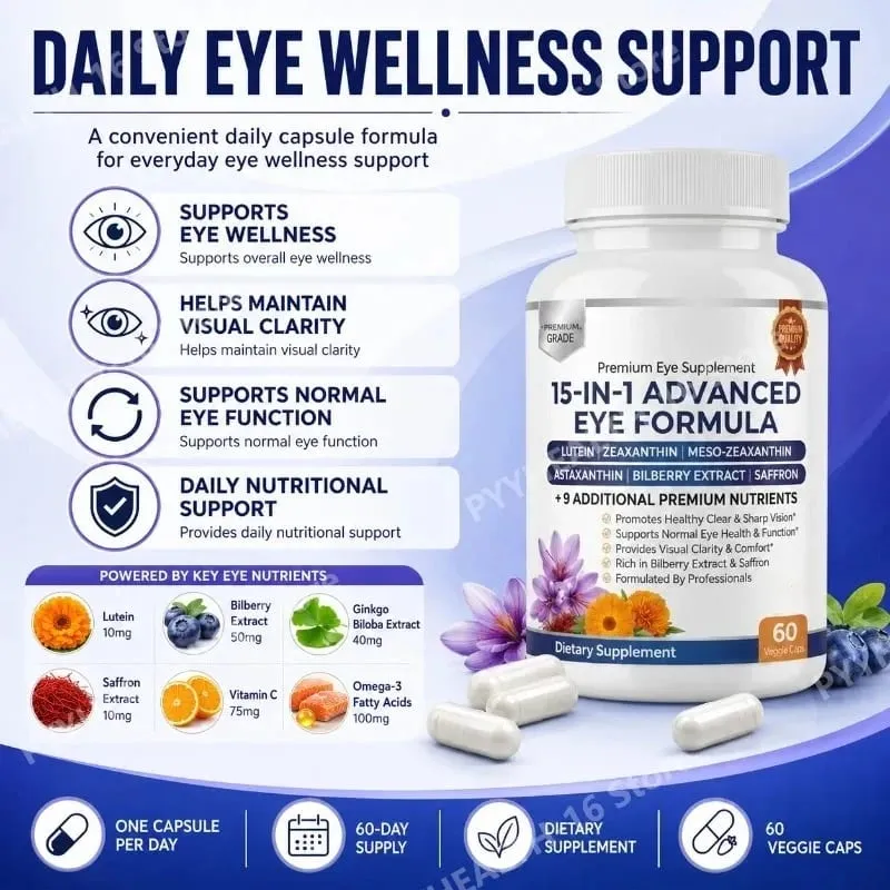 Premium 15-in-1 Advanced Eye Formula na may Lutein Zeaxanthin Astaxanthin Bilberry at Saffron ay sumusuporta sa Eye Wellness 60 Capsules